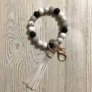 Silicone Beaded Wristlet Keychain Marbled Black Gray White w/ Lobster Clasp